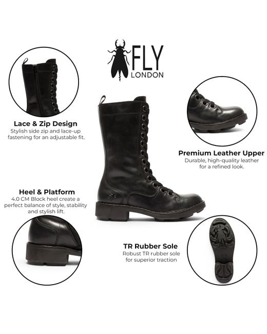 Fly London Black Leather Lace-Up Combat Ankle Boots- Nole176