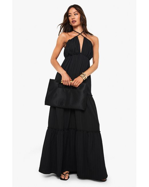Boohoo Black Tall Textured Crinkle Strappy Tiered Maxi Dress