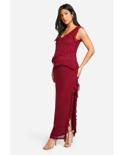 Boohoo Red Maternity Mesh Ruffle Detail Side Split Midaxi Dress
