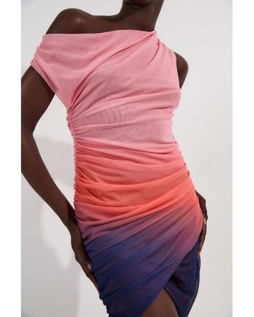 Karen Millen Red Sunset Ombre Mesh Asymmetric Draped Jersey Mini Dress