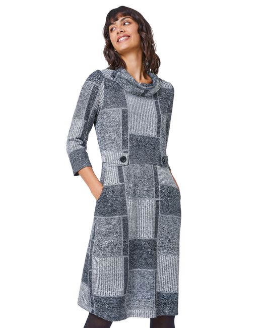 Roman Blue Patchwork Cowl Neck Button Detail Dress