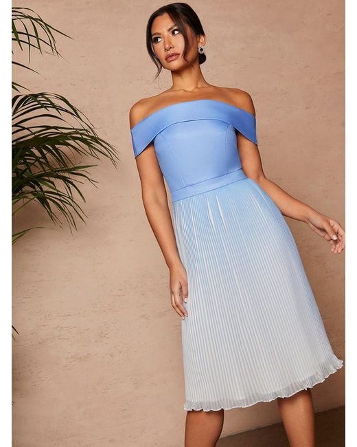 Chi Chi London Bardot Ombre Pleated Midi Dress in Blue Lyst UK