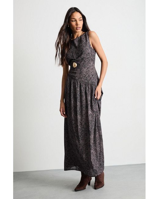 Warehouse Black Printed Dropped Waist Chiffon Tiered Maxi Dress