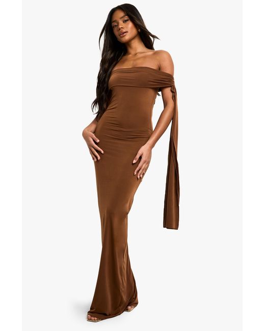 Boohoo Brown Twist Detail Off Shoulder Drape Maxi Dress