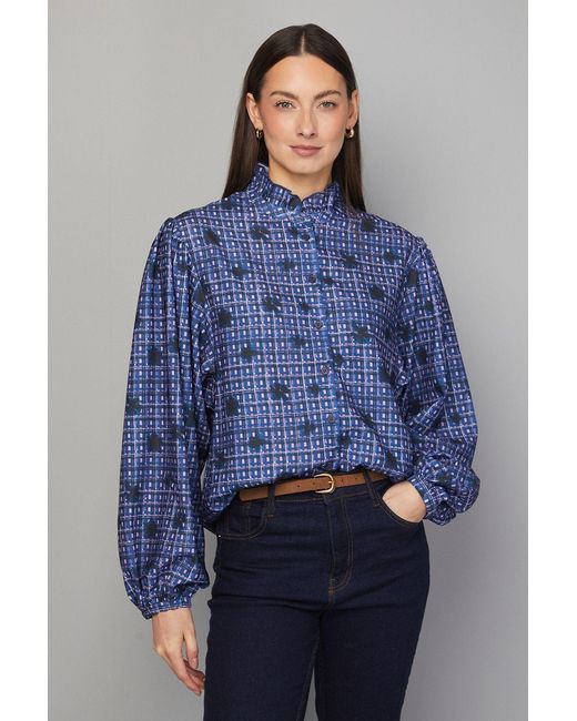 Wallis Blue Check Ruffle Collar Button Blouse