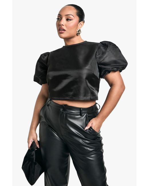 Boohoo Black Plus Taffeta Bow Tie Back Top