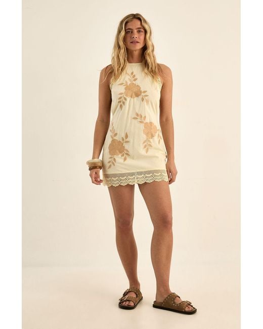 Nasty Gal Natural Cotton Embroidered Lace Trim Halter Neck Mini Dress
