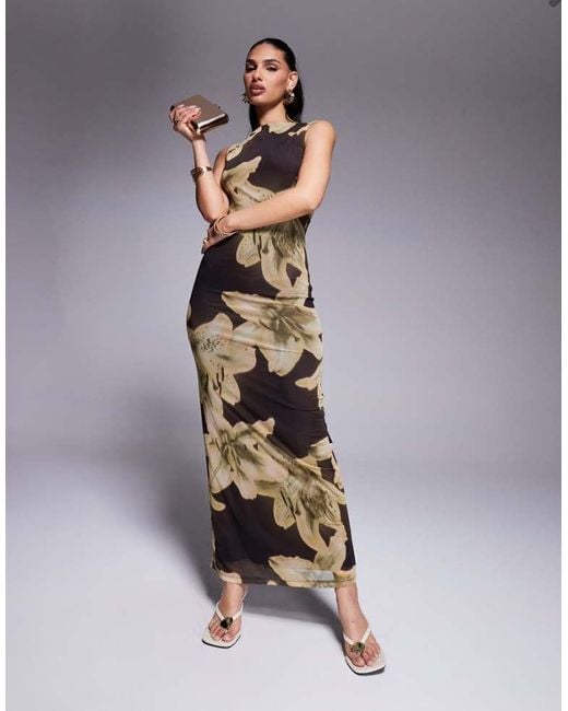 ASOS Brown Oversized Floral Printed Mesh Slash Neck Maxi Dress