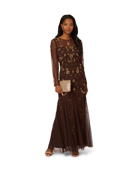 Adrianna Papell Brown Studio Bead Long Sleeve Dress