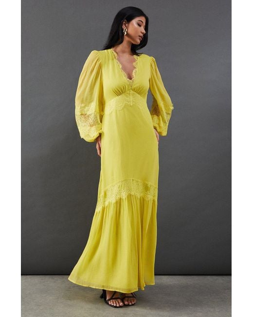 Warehouse Yellow Chiffon Lace Insert Plunge Neck Maxi Dress