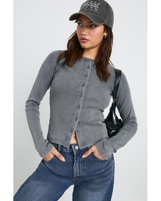 Boohoo Gray Acid Wash Button Through Long Sleeve Top