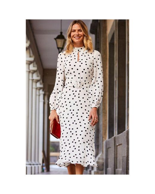 Sosandar White Ivory & Spot Print Keyhole Detail Belted Fit & Flare Dress