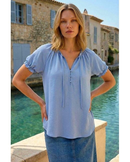 Roman Blue Shirred Tie Front Neck Top
