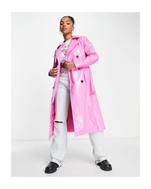 Miss Selfridge Vinyl Faux Leather Belted Trench Coat in Pink | Lyst UK