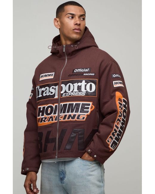 BoohooMAN Brown Oversized Applique Twill Hooded Peaked Cagoule for men
