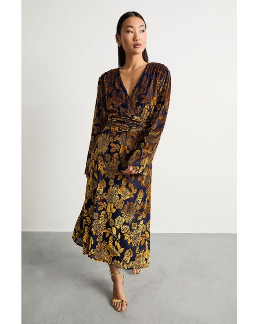 Warehouse Blue Petite Devore Plunge Neck Knot Waist Balloon Sleeve Midi Dress