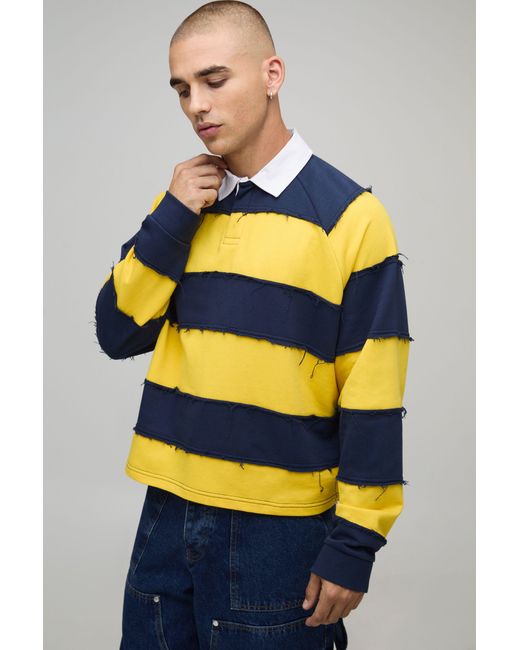 BoohooMAN Yellow Oversized Shrunken Distressed Long Sleeve Rugby Polo for men