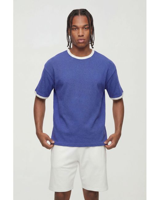 BoohooMAN Blue Oversized Waffle Ringer T-Shirt for men