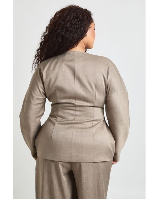 Boohoo Natural Plus High Neck Collarless Cinched Blazer