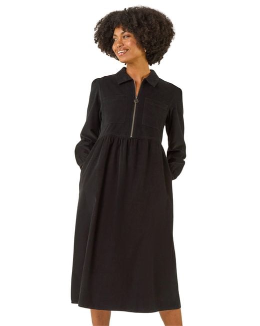 Roman Black Corduroy Zip Detail Midi Dress