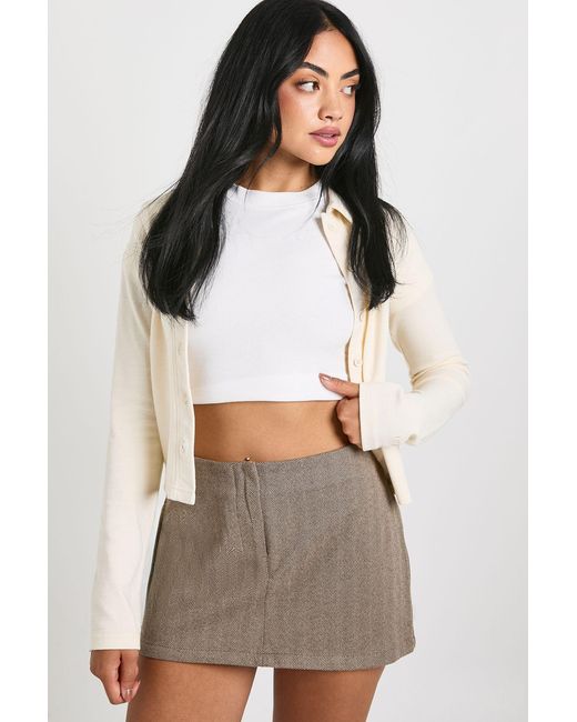 Boohoo Brown Herringbone Wool Look Mini Skirt