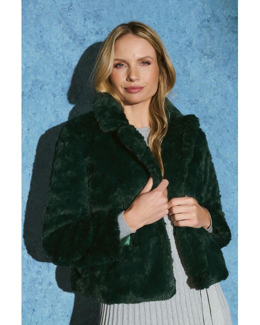Izabel London Green Faux Fur Cropped Long Sleeve Jacket