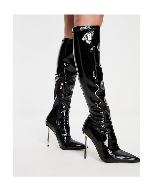 SIMMI Black London Demi Knee Boots With Diamante Stiletto Heel