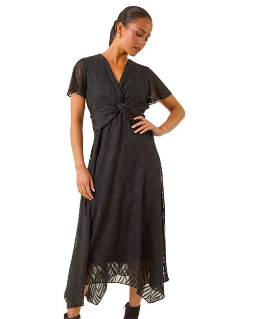 Roman Black Petite Front Twist Jacquard Dress