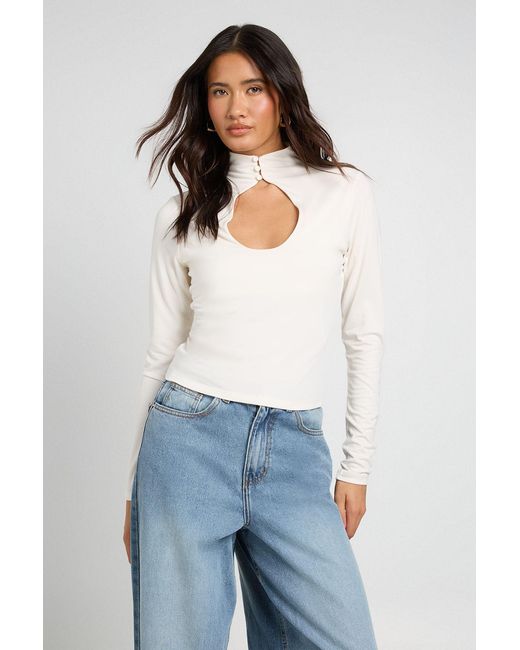 Boohoo White Cupro Key Hole Button Detail Long Sleeve Top
