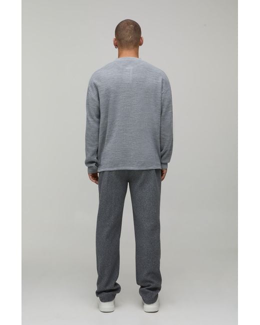 BoohooMAN Gray Essential Relaxed Fit Henley Waffle Knitted T-Shirt for men
