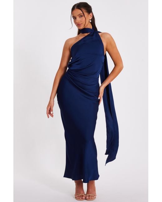 Quiz Blue Petite Satin Wrap Neck Maxi Dress