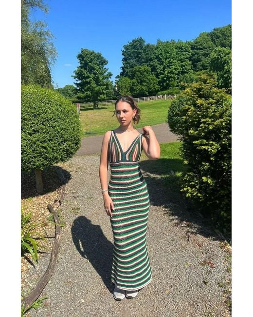 Hiccup Green Knitted Striped V Neck Maxi Dress