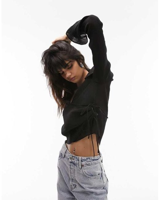 TOPSHOP Black Button Front Wrap Top