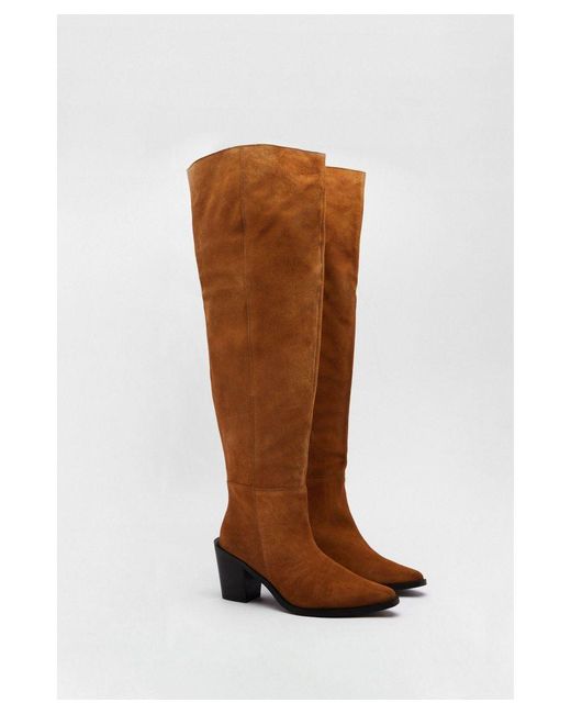 Warehouse Brown Real Suede Slouchy Knee High Boots