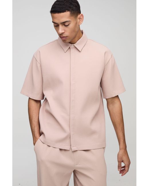 BoohooMAN Pink Oversized Concealed Placket Pleated Short Sleeve Shirt for men