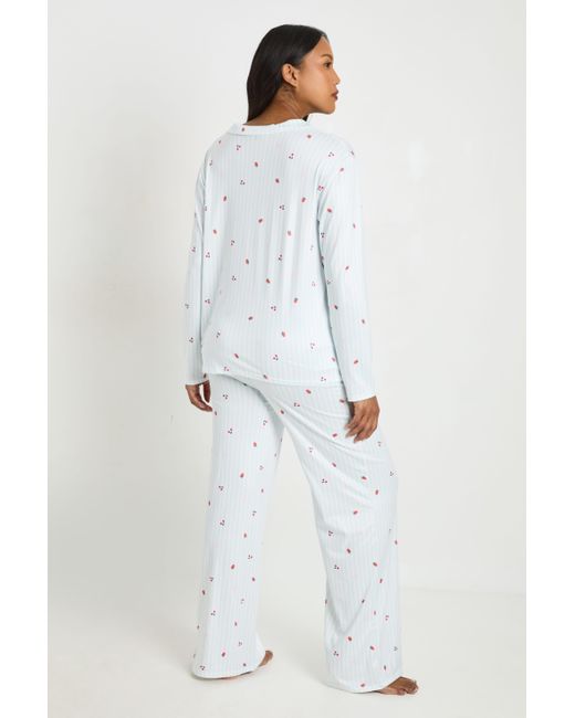 Boohoo White Maternity Stripe And Fruit Print Long Sleeve Shirt & Trouser Pyjama Set
