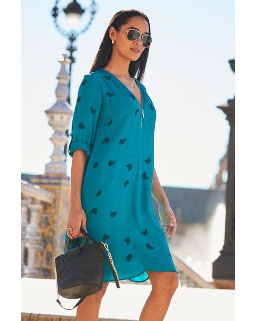 Sosandar Blue Green Dandelion Print Zip Front Shift Dress Viscose