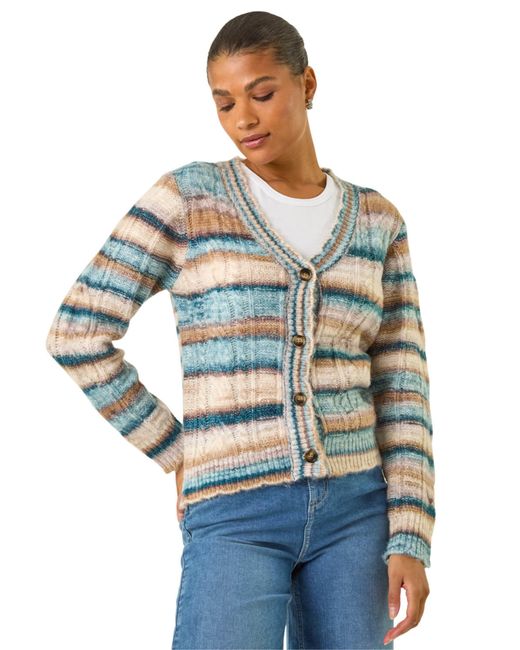 Roman Blue Stripe Buttoned Cable Knit Cardigan