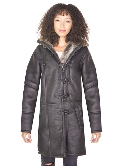 Infinity Leather Gray Shearling Hooded Duffle Coat-Lille