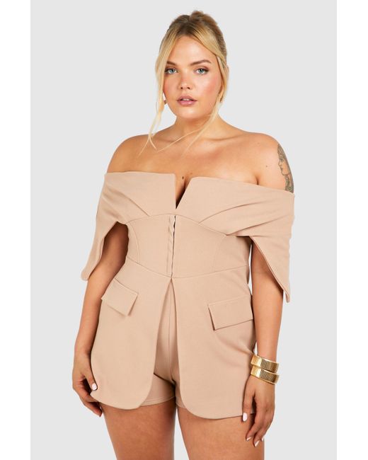 Boohoo Natural Plus Scuba Crepe Corset Hook & Eye Detail Bardot Blazer Playsuit
