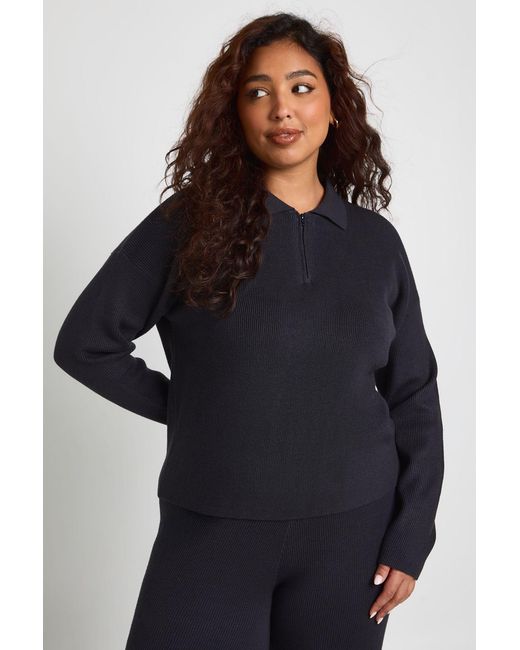 Boohoo Blue Plus Premium Long Sleeve Collared Rib Knit Top