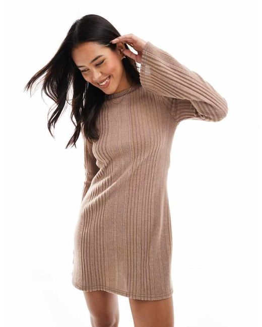Miss Selfridge Brown Brushed Rib Flare Long Sleeve Mini Dress