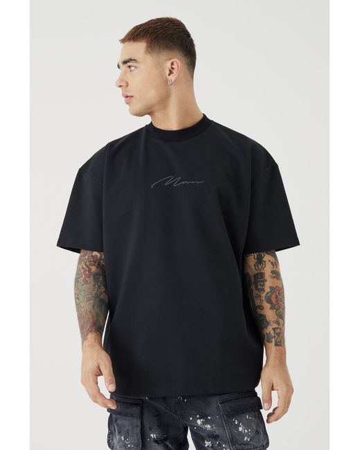BoohooMAN Black Oversized Premium Super Heavyweight Embroidered T-shirt for men