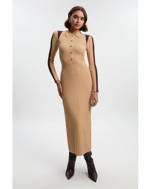 Karen Millen Natural Rib Knit Military Colour Block Midi Dress