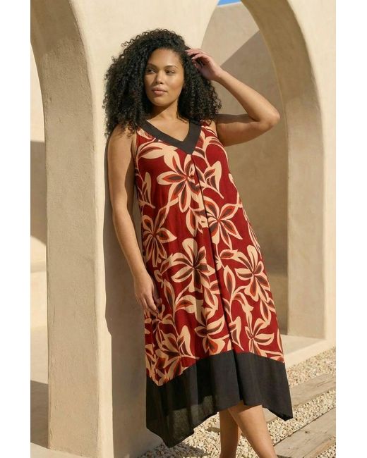 Roman Red Curve Floral Print V-Neck Dress