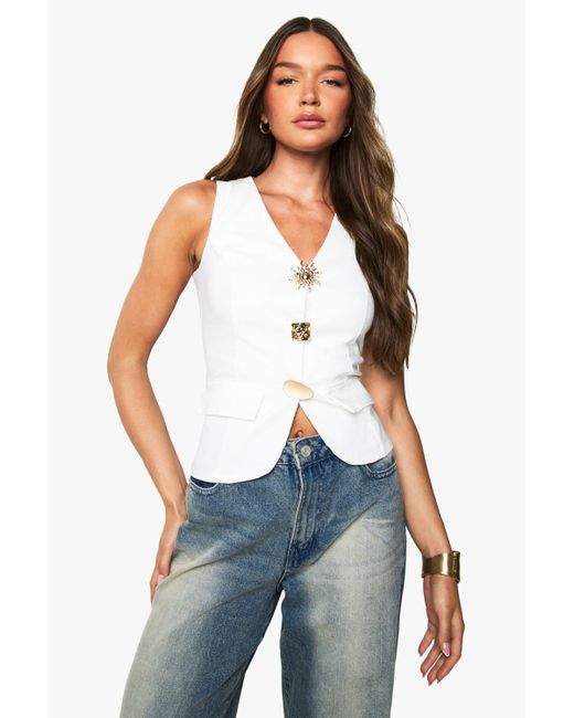 Boohoo White Multi Trim Fitted Waistcoat