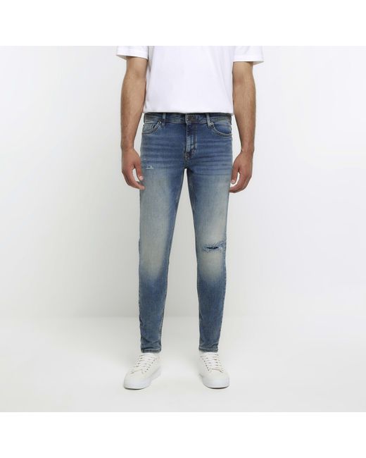 River Island Blue Skinny Jeans Spray On Super Ripped Cotton for men