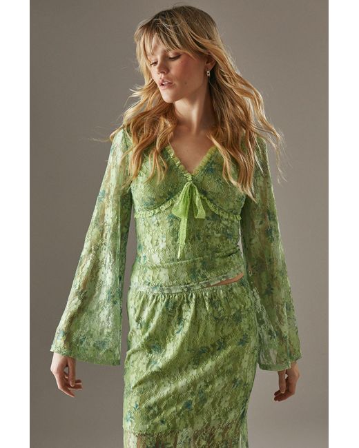 Warehouse Green Printed Lace Tie Front Flare Sleeve Top
