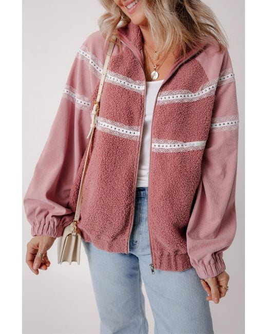 Azura Exchange Red Sherpa Fleece Jacket With Lace Detail