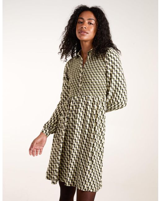 Blue Vanilla Green Geometric Shirred Mini Shirt Dress